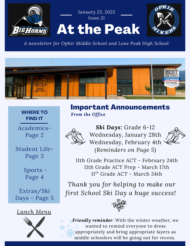 OMS & LPHS Newsletter: At the Peak - Issue 21 - 1.23.2026 - Ski Day Dates, 11th Grade ACT Dates