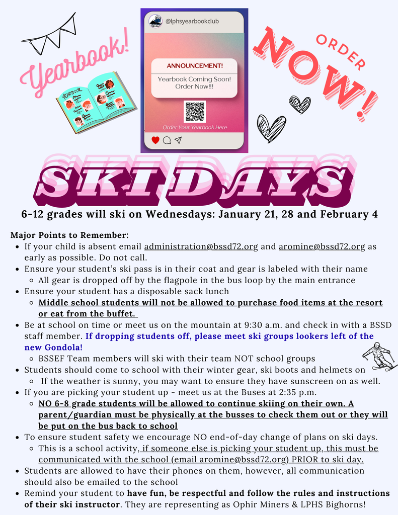 yearbook ordering details, ski days details/reminders