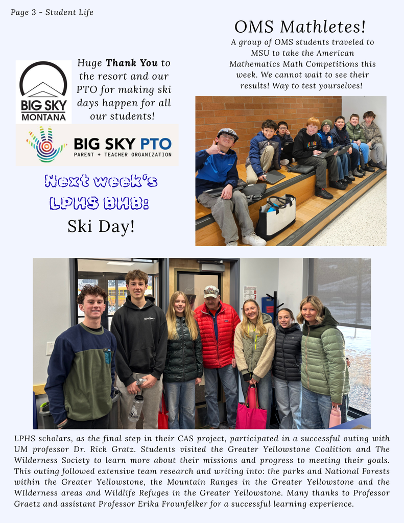 Page 3 - Student Life - CAS to GYE, OMS Mathletes at MSU, thank you for ski days