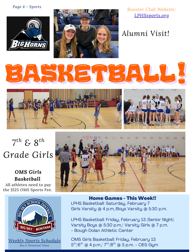 Page 4 - Sports; home games. alumni visit, 7th and 8th grade girls