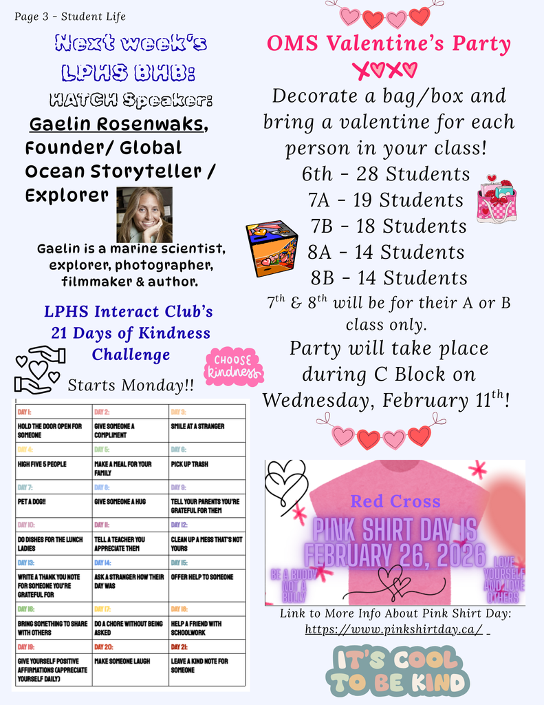 Page 3 - Student Life: OMS Valentines Party, Kindness Challenge, Pink Shirt Day, Big Horn Block Speaker Info