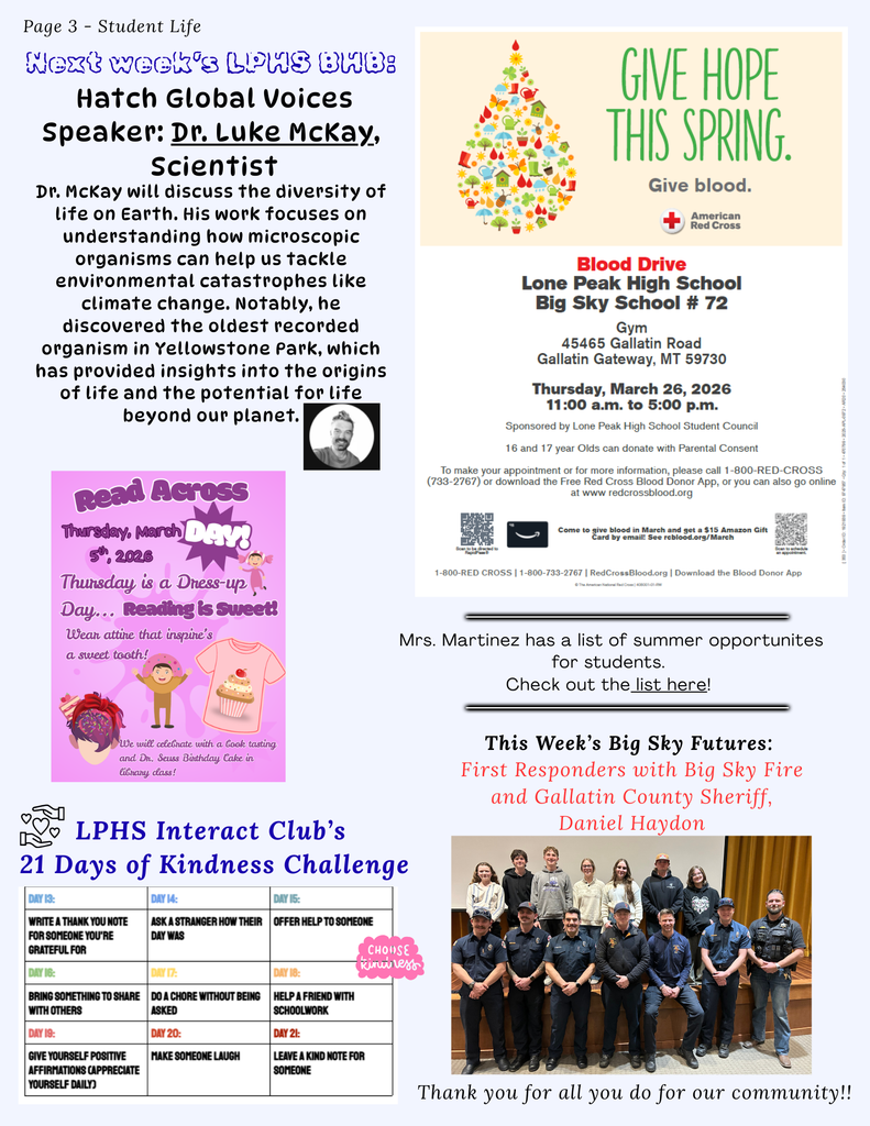 Blood drive info, days of kindness calendar, read across america dress up details, summer opp link, Big Sky Futures and Hatch speaker info