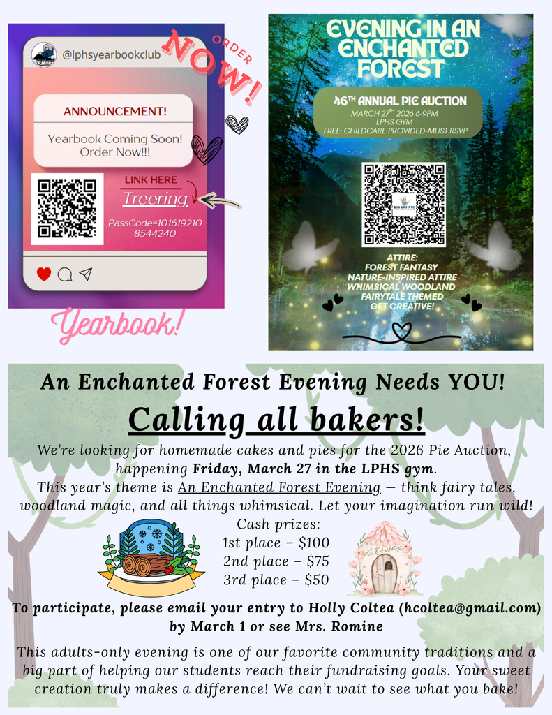 yearbook ordering info, pie auction ticket qr code, bakers needed for pie auction