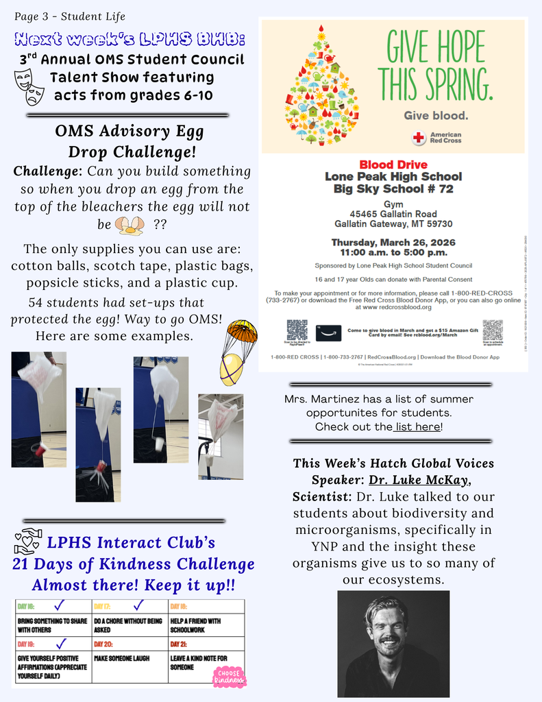 kindness challenge, speaker Dr McKay, Egg drop challenge, talent show next Wed, blood drive march 26th in gym