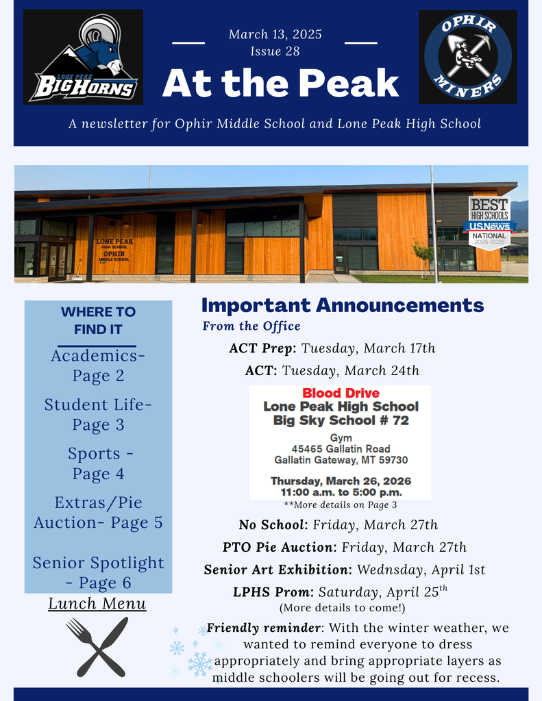 Issue 28 - Dates list: ACT prep and test - March 17& 24, Blood Drive 26th, No School the 27th & Pie Auction, Art  Show April 1, Prom April 25