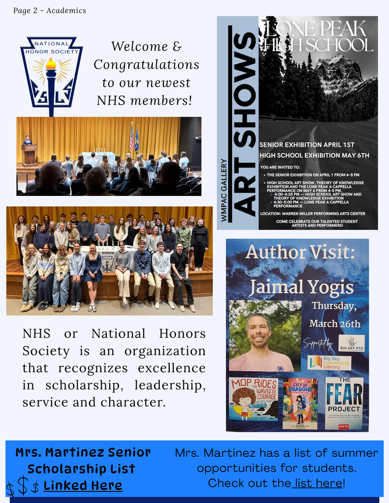 NHS induction, scholarship and summer lists, Authro visit - march 26th, Art shows - senior April 1, HS - may 6