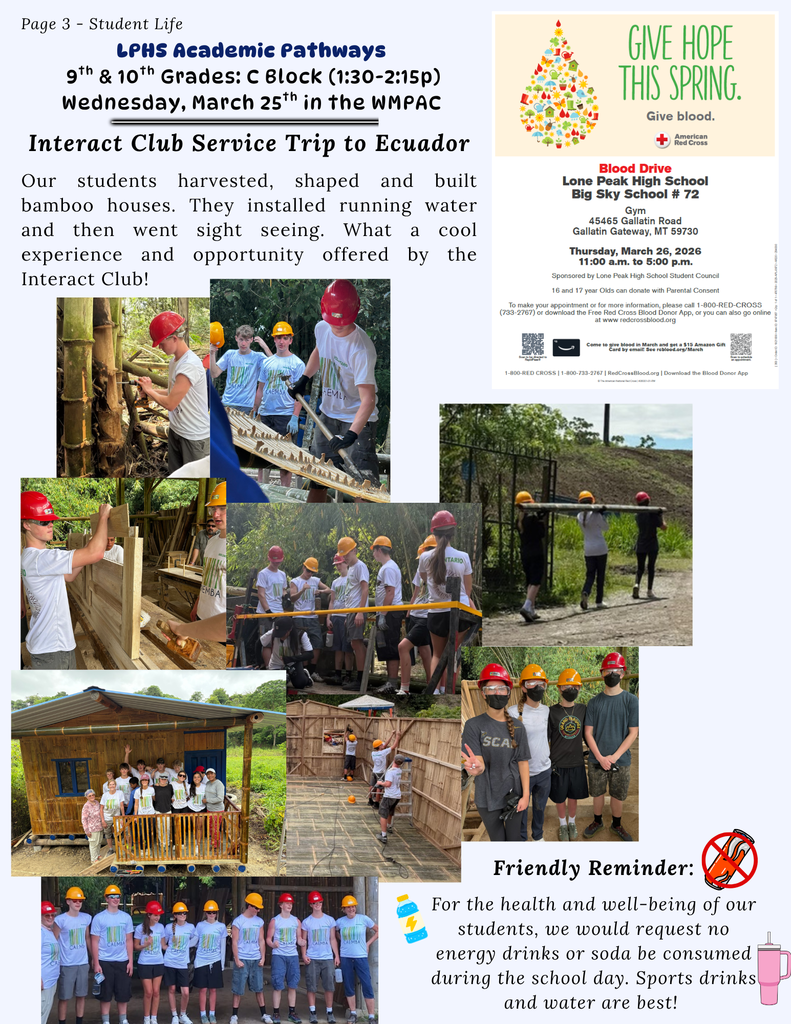 Interact trip to ecuador, no energy drinks, blood drive info