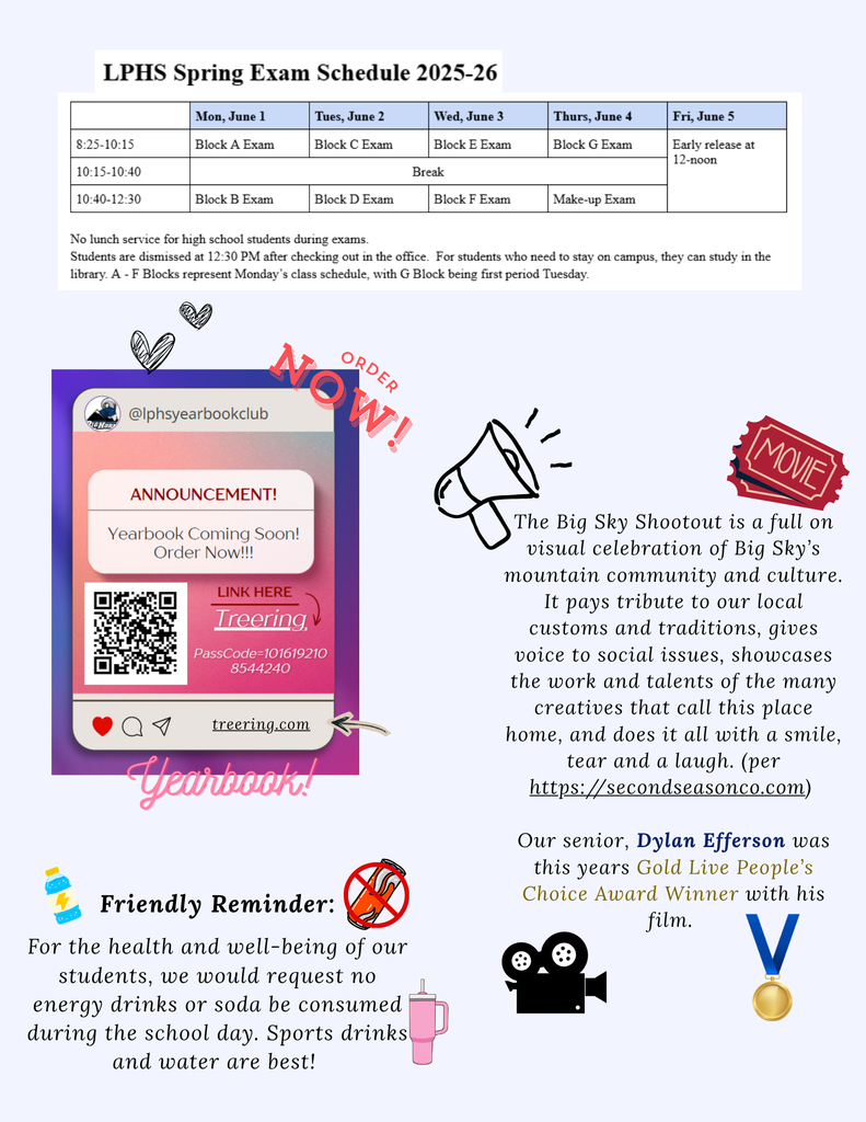 No energy drinks, film winner, yearbook ordering 