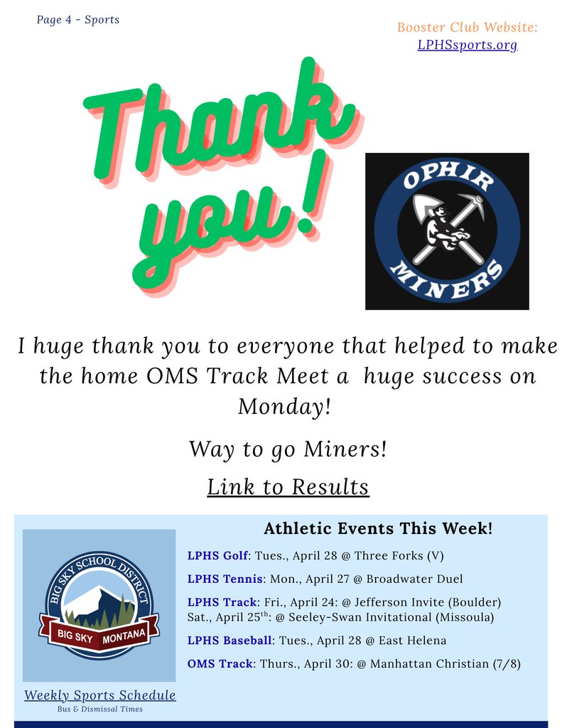 thank you for oms track meet, link to results, this week's activities