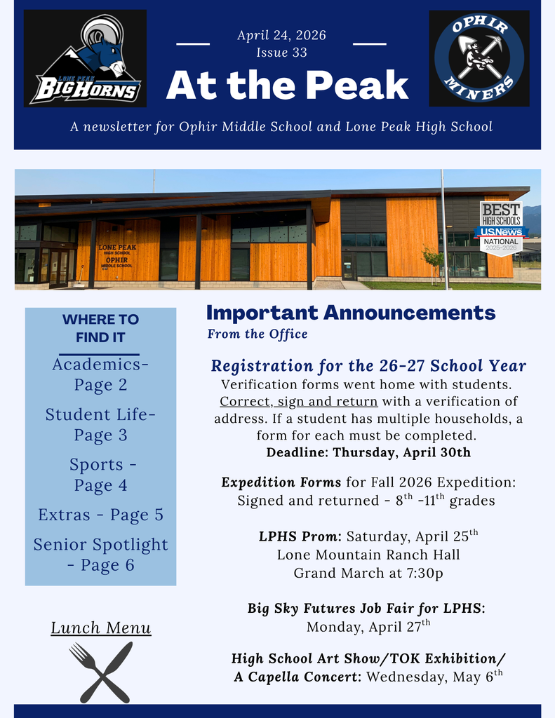 OMS & LPHS Newsletter: At the Peak - Issue 33 - reenrollment, prom job fair concert, lunch menu