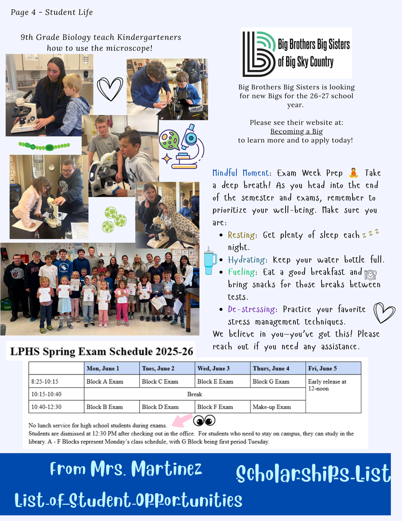 Student Life - Exam schedule, mindfulness, 9th grade microscope work with kinders