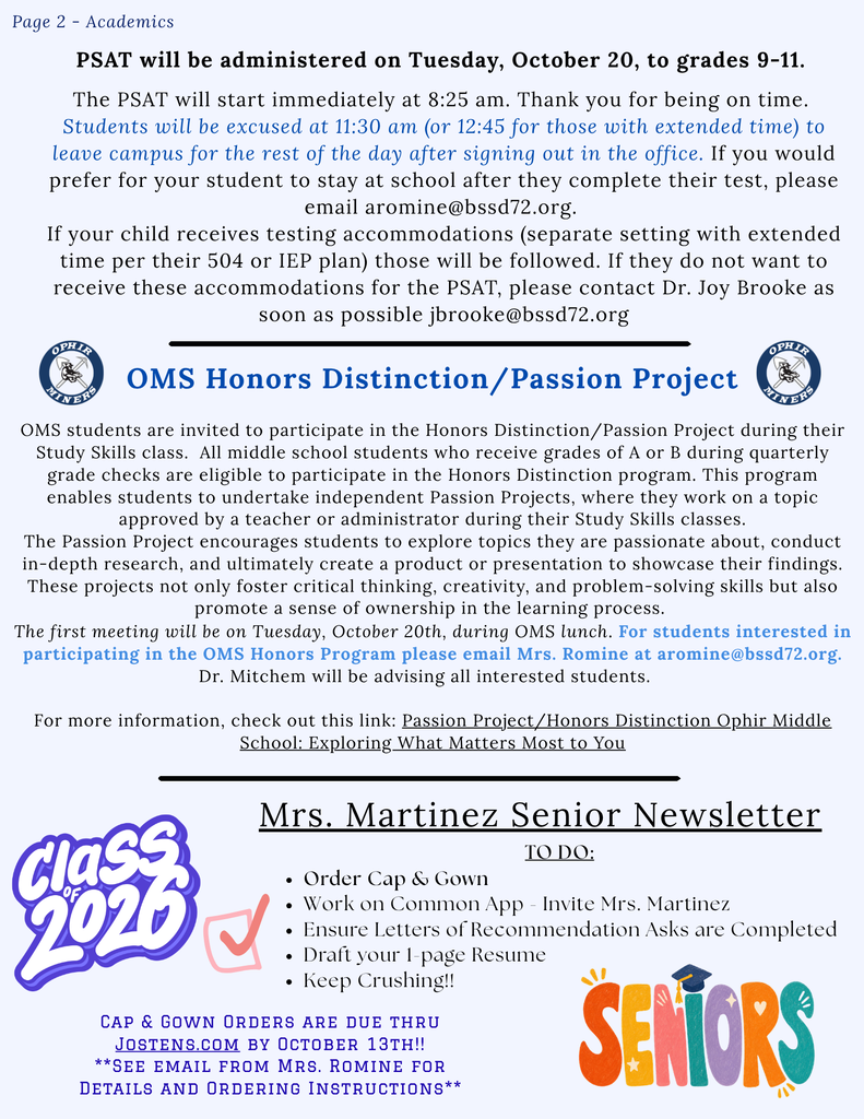 Page 2 - Academics - Senior Corner, OMS Honors Project, PSAT Info 