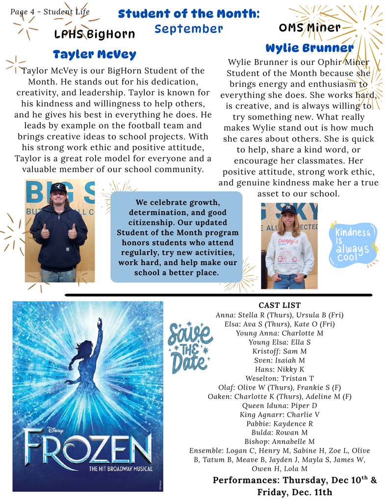Page 4 - Student Life - Students of the Month - Frozen Cast List