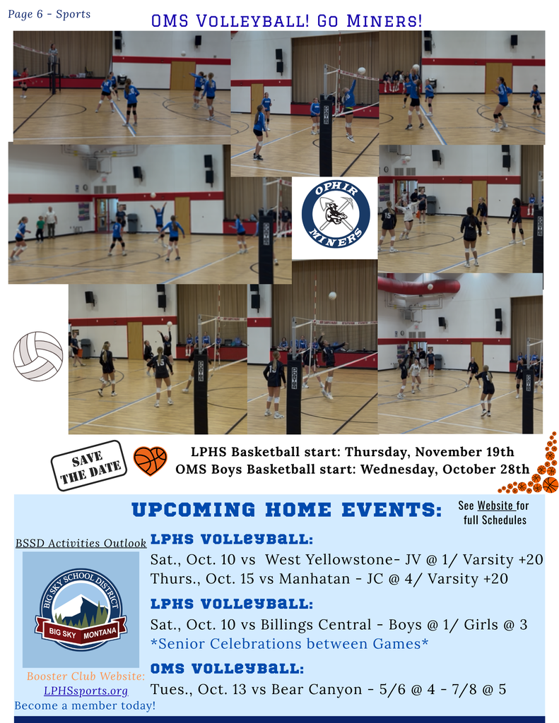 Page 6- Sports - OMS Volleyball, Home Schedule, Basketball Dates