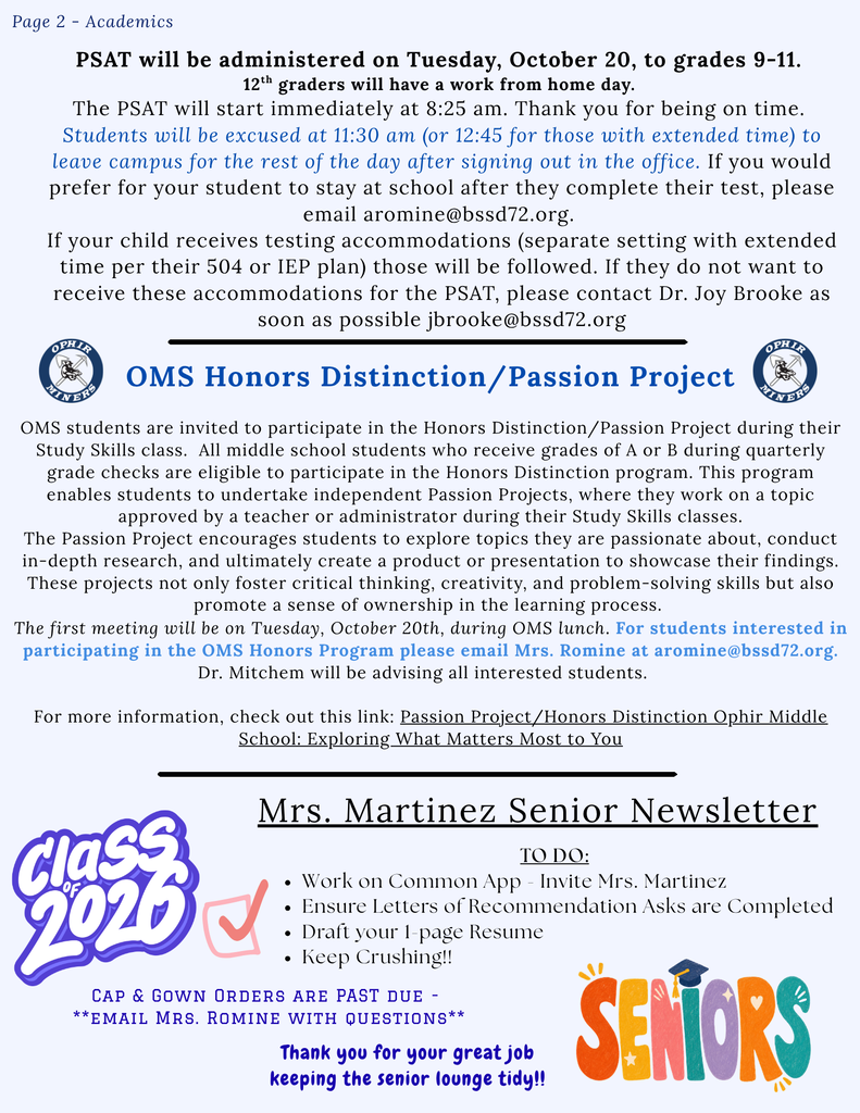 Page 2 - Academics - Senior corner, OMS Honors, PSAT details for 10.20