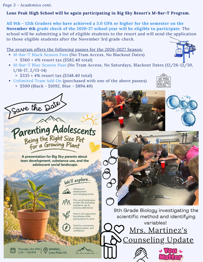 Page 3 - Academics Cont. - M Bar T details, Parenting Talk on 10.29, 9th grade science, Counseling newsletter