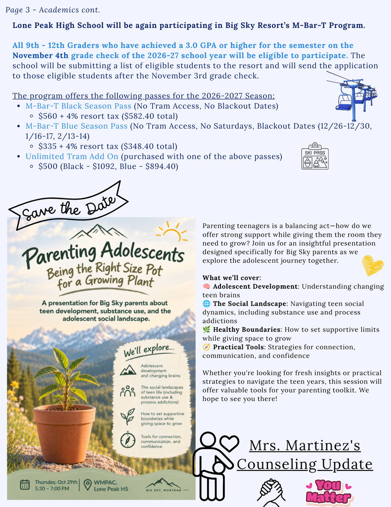 Page 3 - Academics Cont. Counseling Newsletter, Parenting Talk, M - Bar T Info