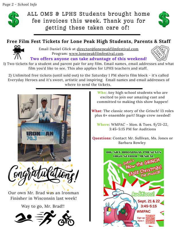 Page 2 - School Info - pay fees, movie tickets, Ironman finisher, theater auditions