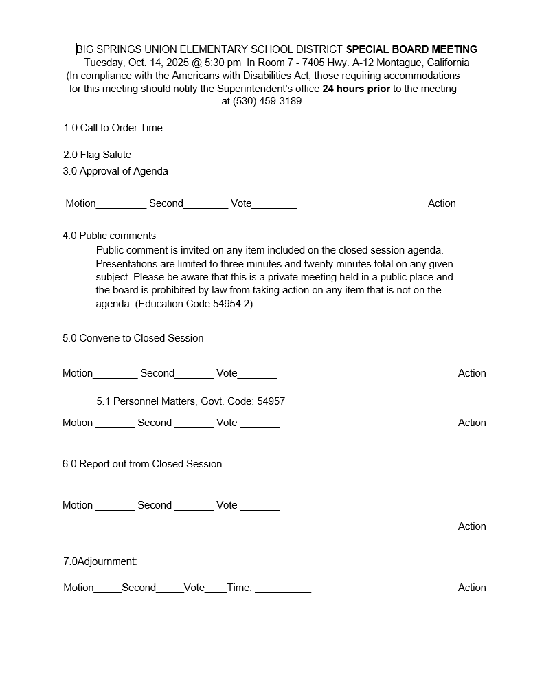 Special Board Meeting, October 14, 2025