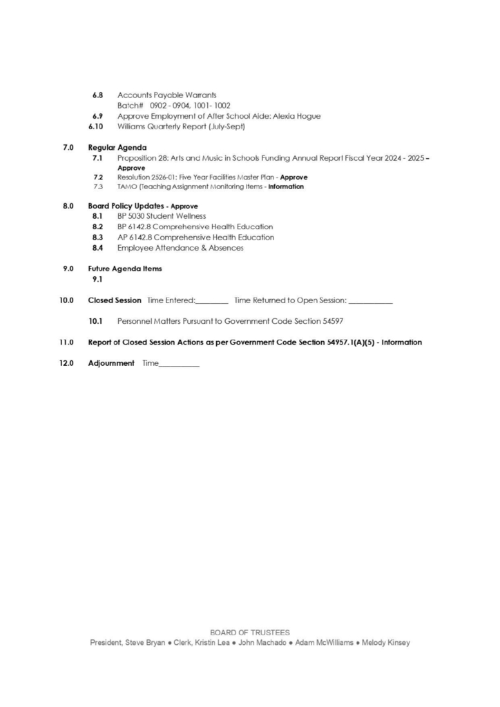 October 29, 2025 Regular Board Meeting Agenda