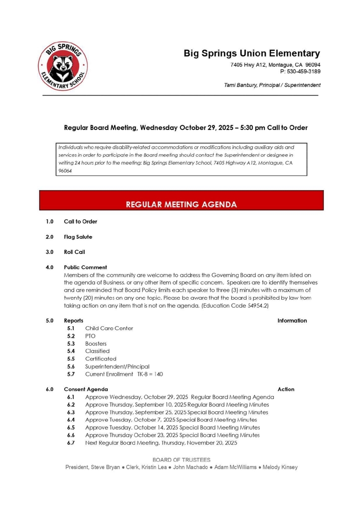 October 29, 2025 Regular Board Meeting Agenda