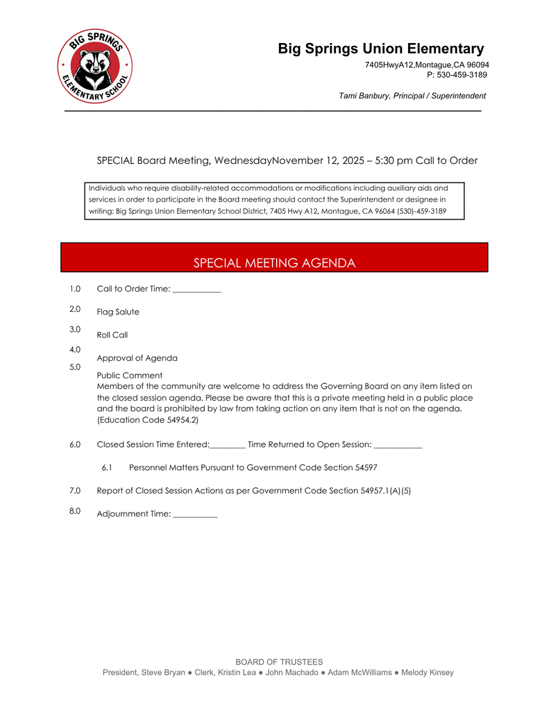 Wednesday, November 12 Special Board Meeting Agenda