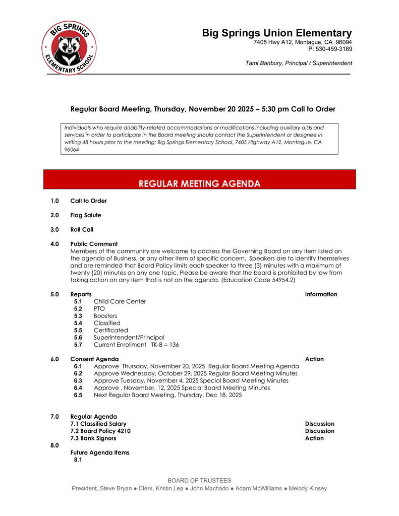 November 20, 2025 Regular Board Meeting Agenda