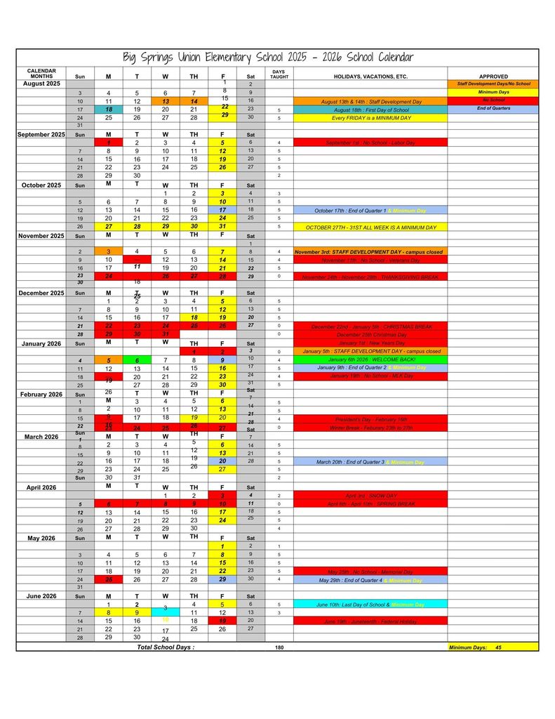 Updated School Calendar