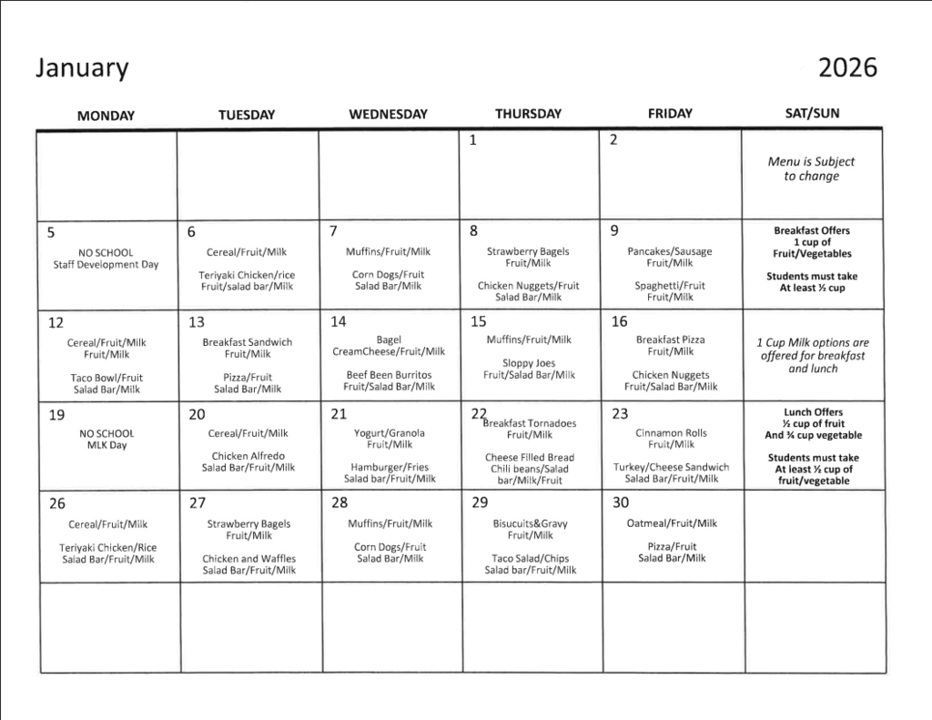 January 2026 Menu