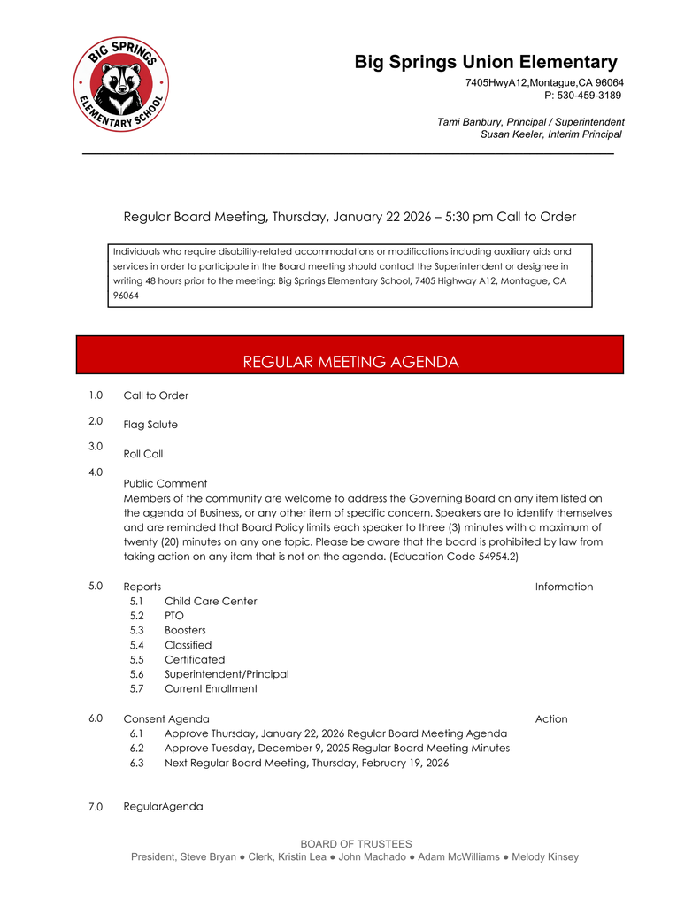 January 22, 2026 Board Meeting Agenda