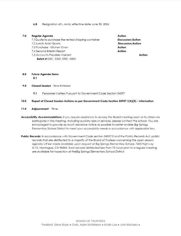 Regular Board Meeting Agenda