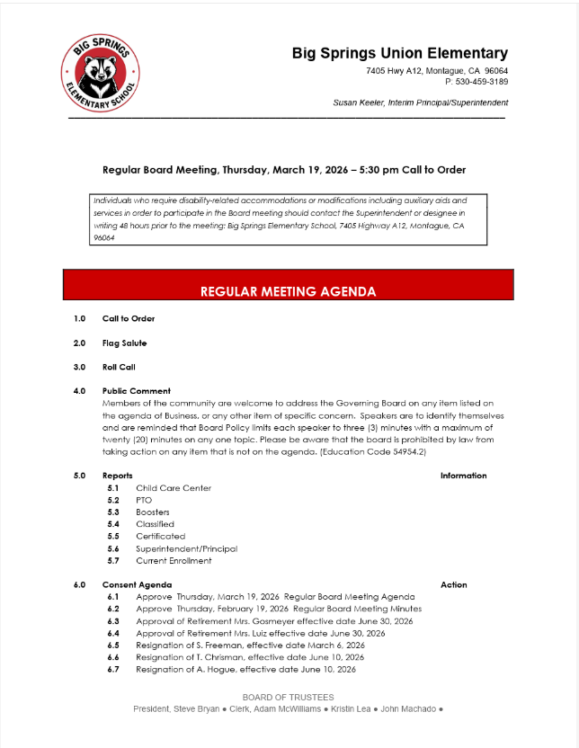 Regular Board Meeting Agenda