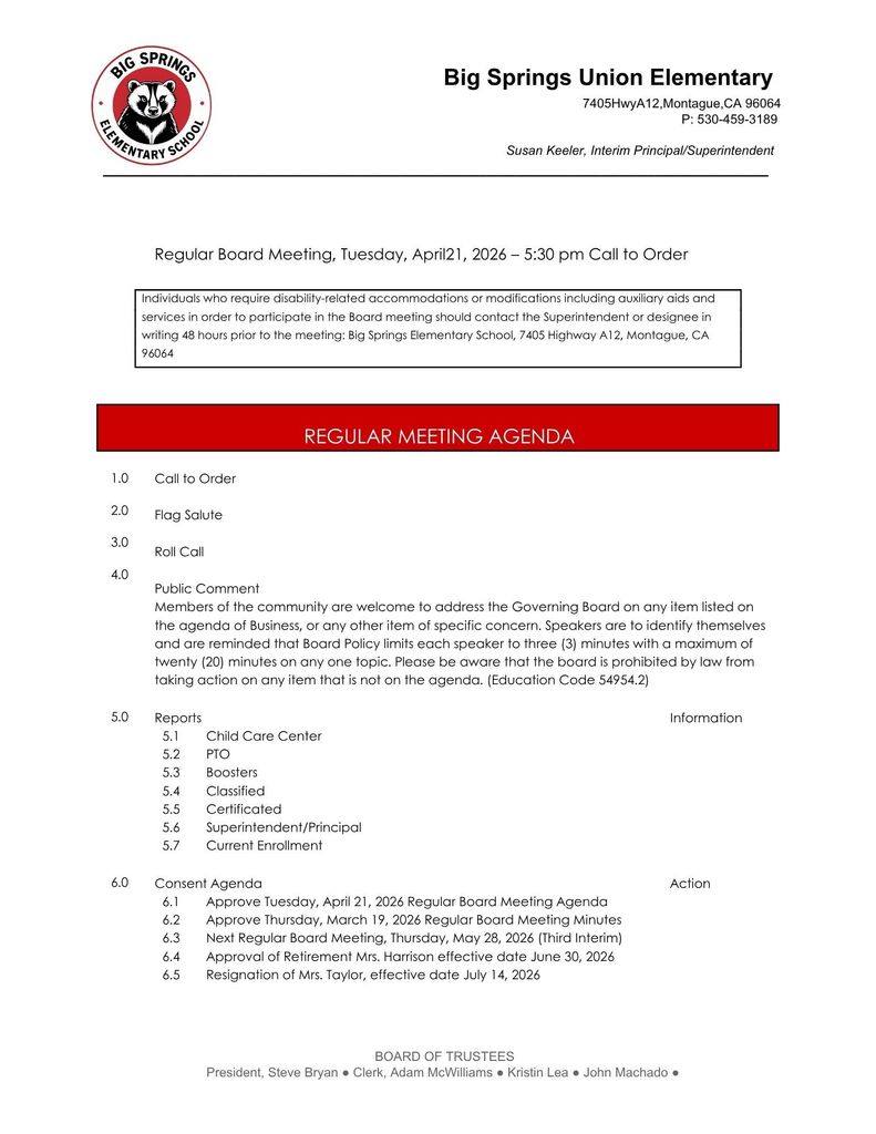 April 21, 2026 Regular Board Meeting