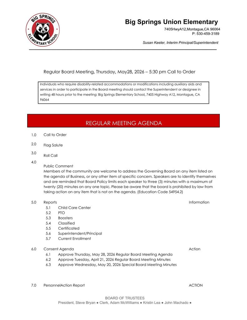 May 28, 2026 Board Agenda