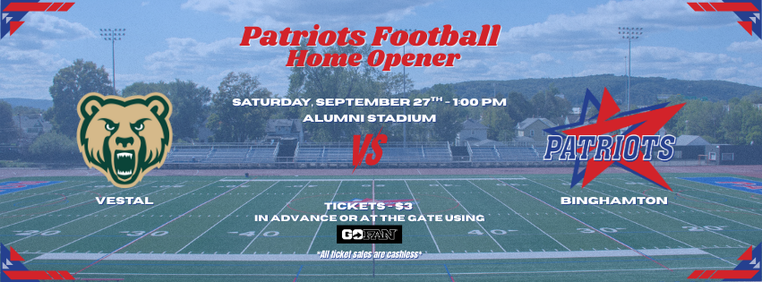 Patriots Football home opener graphic with information about the game against Vestal