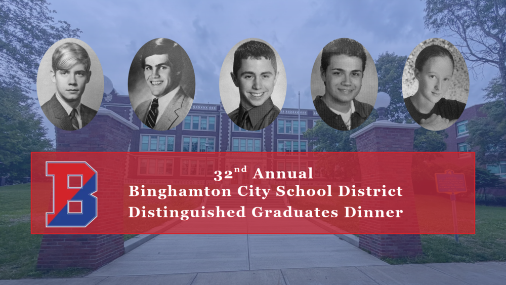 graphic with yearbook photos of five binghamton distinguished graduates and binghamton high school in the background