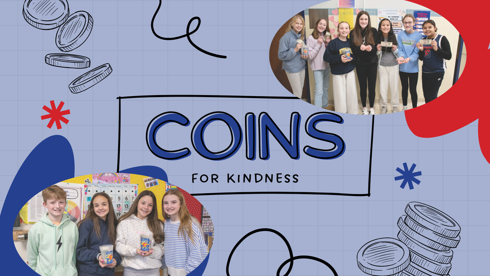 coins for kindness graphic with images of students holding money donation buckets