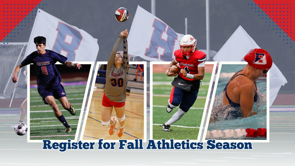 fall sports graphic with images of boys soccer player, girls volleyball player, football player, and swimmer