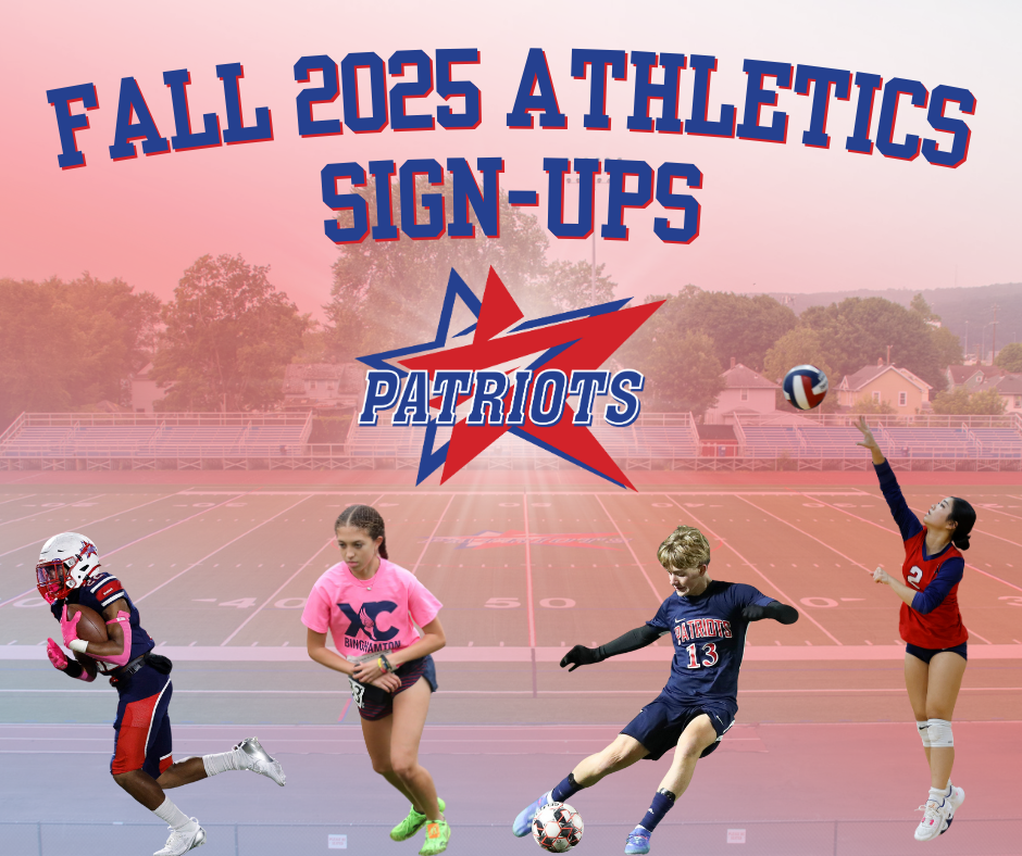 fall 2025 athletics sign ups graphic with images of football player, cross country runner, soccer player, and volleyball player
