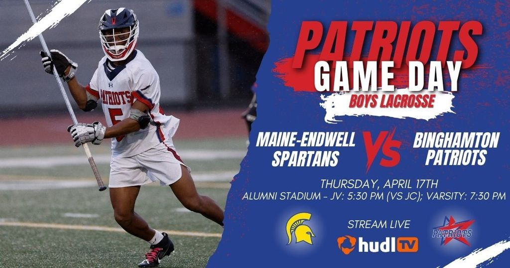 boys lacrosse game day graphic with information about game against maine-endwell