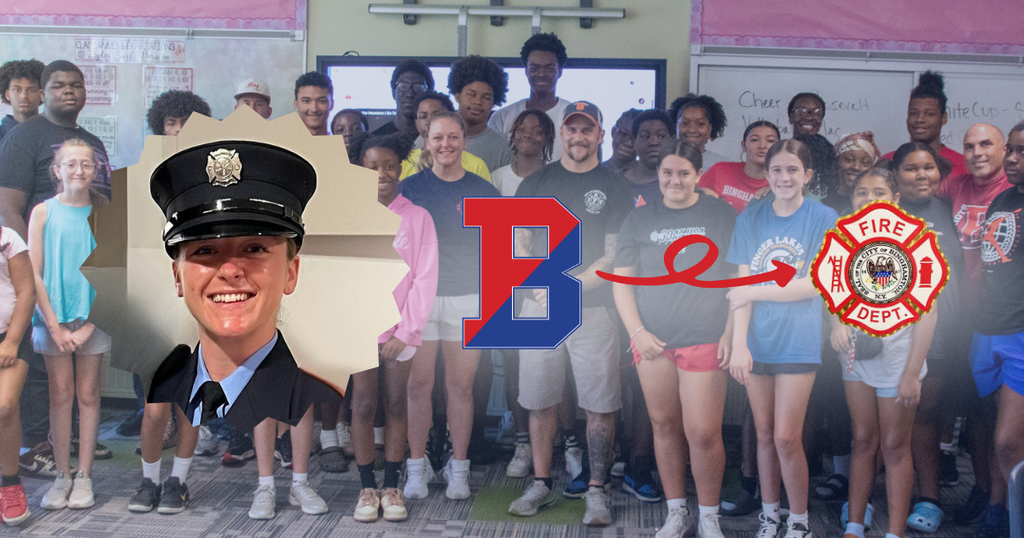 photo of firefighters posing with students with a photo of firefighter allison ryan in foreground along with binghamton B logo and binghamton fire department logo