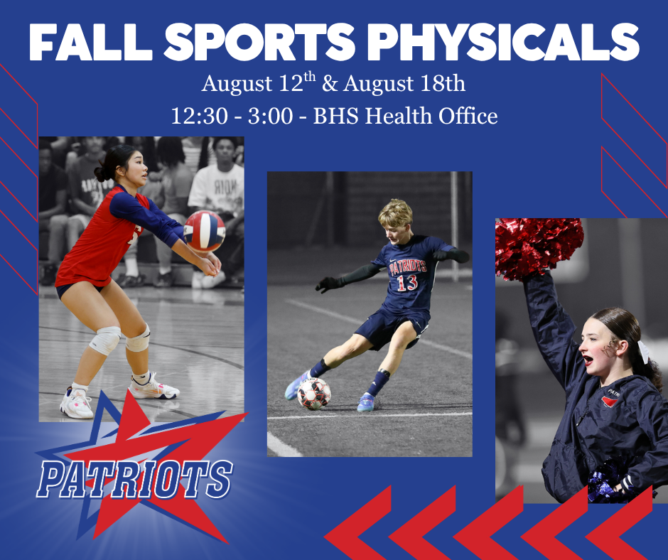 graphic with images of cheerleader, volleyball player, and soccer player with information about bcsd fall sports physicals