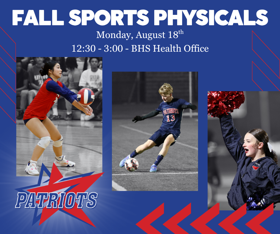 graphic with images of cheerleader, volleyball player, and soccer player with information about bcsd fall sports physicals