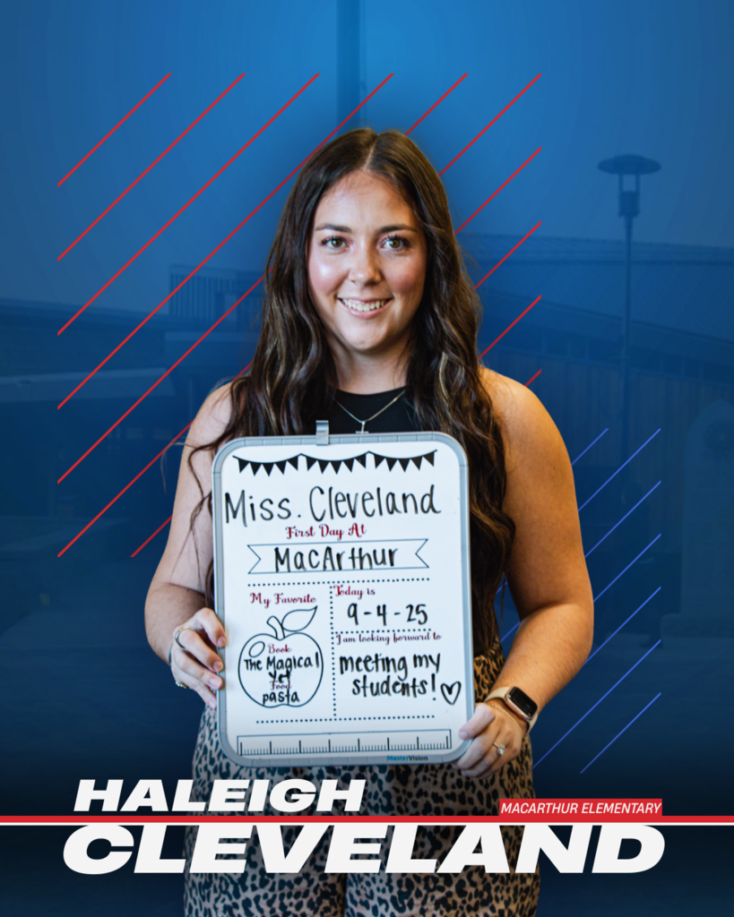 photo of haleigh cleveland holding back to school info board