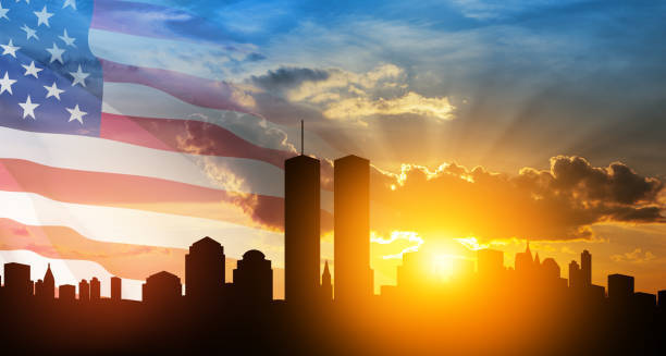 september 11th graphic with twin towers in the skyline of nyc and an american flag in the background