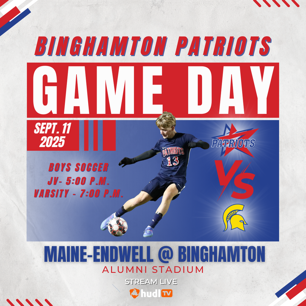 patriots game day graphic with information about boys soccer match against maine endwell