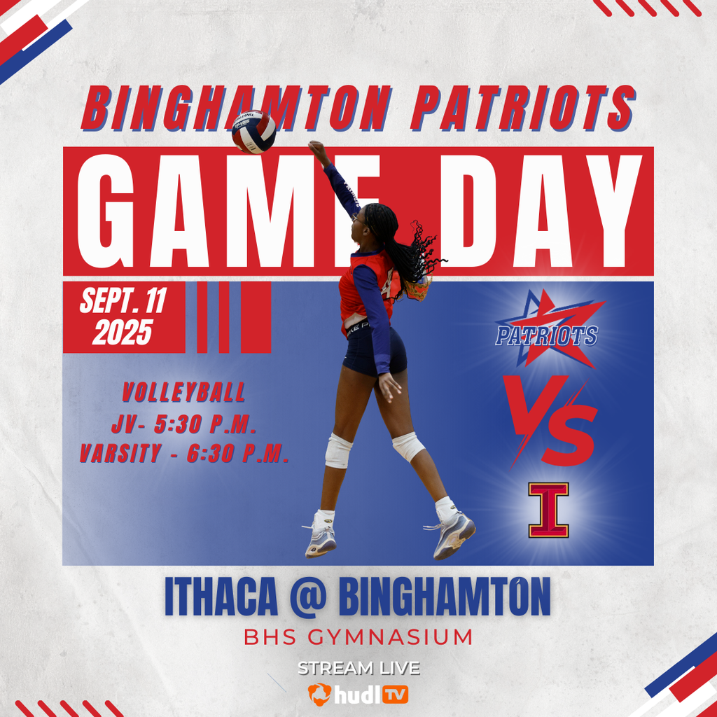 patriots game day graphic with information about volleyball match against ithaca