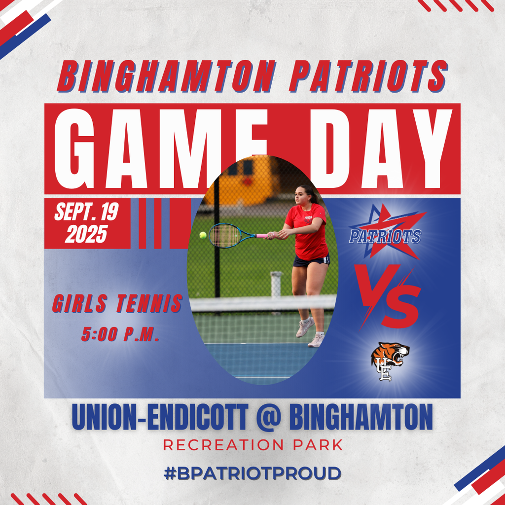 game day graphic with information about girls tennis match against union endicott