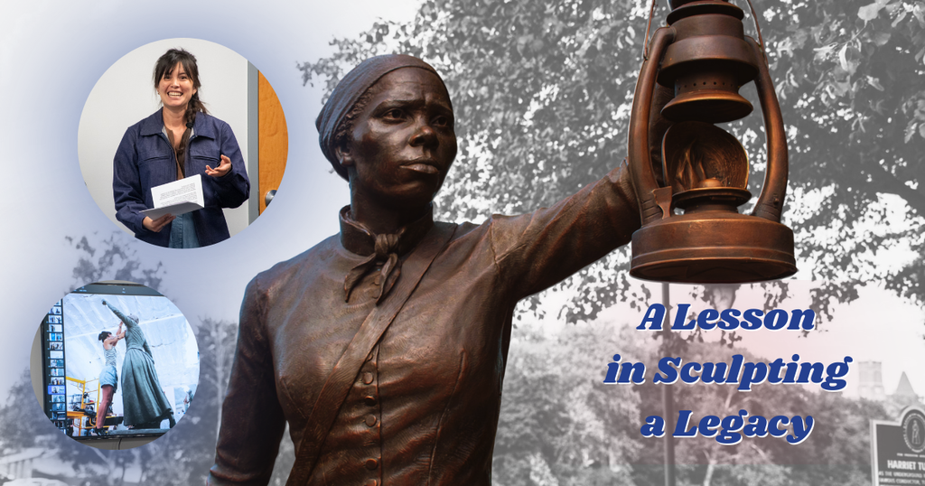 graphic with image of harriet tubman statue and smaller images of artist who sculpted it