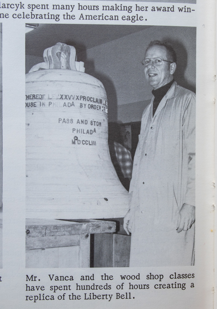 photo from 1976 North High yearbook showing Mr. Vanca with the replica Liberty Bell